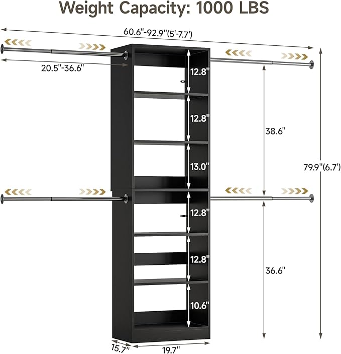 W1 Closet System, 3.5FT-7.7FT Closet Organizer System with 4 Chrome-Plated Telescopic Rods & 6 Adjustable Shelves, Custom Wood Walk-In Closet Wall-Mounted Clothing Rack, Black