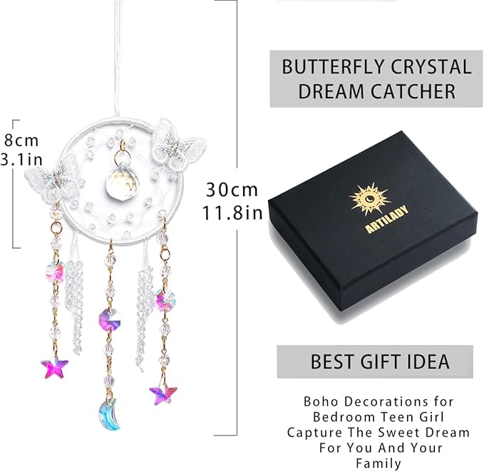 Artilady Dream Catcher for Girls - White Butterfly Small Dream Catchers with Crystals Cute Room Decor for Teen Girls Boys Boho Bedroom Wall Home Decorations Birthday Christmas Women Kids Gifts