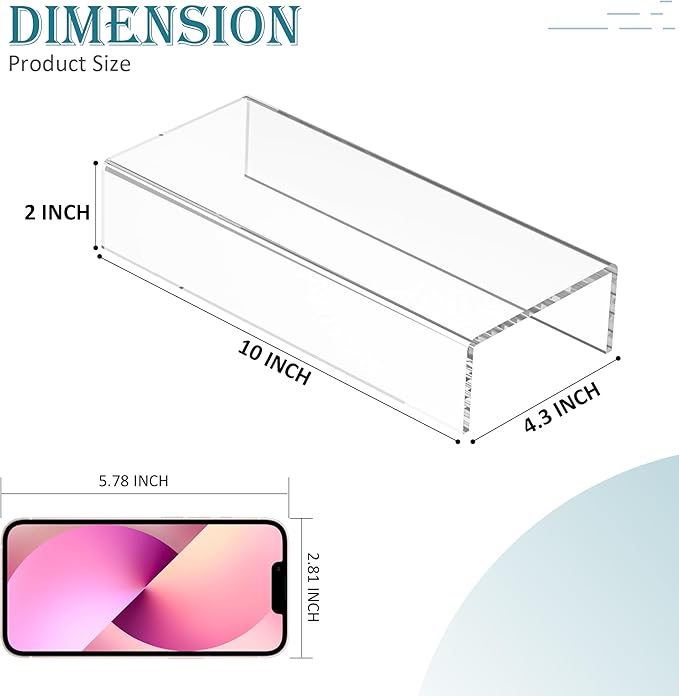 Acrylic Shelf Riser 10x4.3x2 pack of 2, Clear Display Shelf 10” for Figure, Cosmetics, Bags, Shoes, Toys, Collectibles, 10x4.3x2 Inch