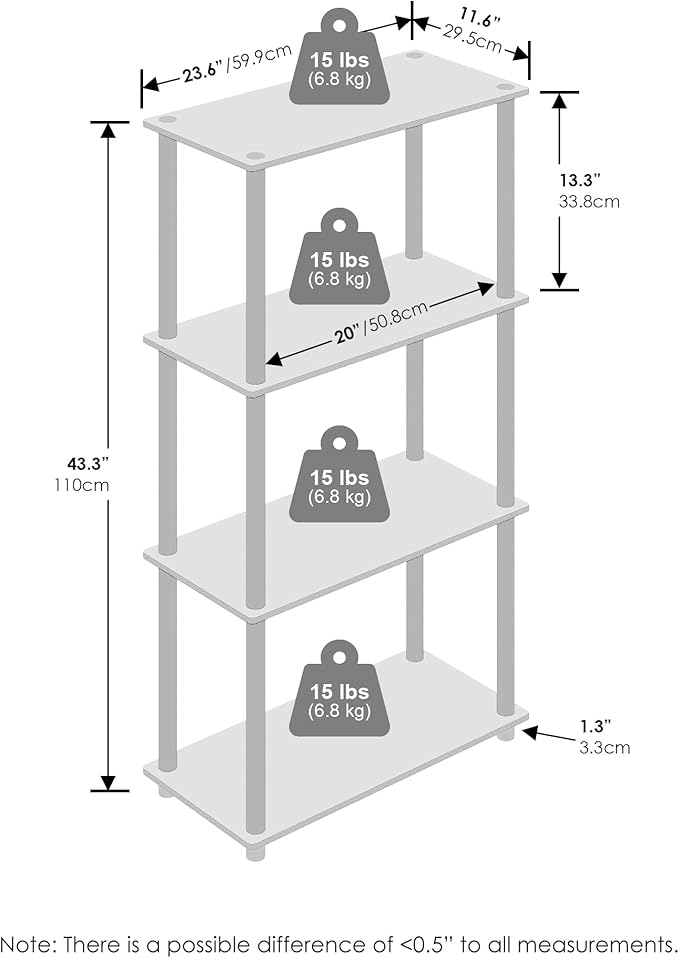 Furinno Turn-N-Tube Book Shelf, 4-Tier Bookshelf, Bookcase with Multipurpose Compact Display Rack, 11.6 x 23.6 x 43.2, for Living Room, Bedroom, Home Office, Sonoma Oak/White