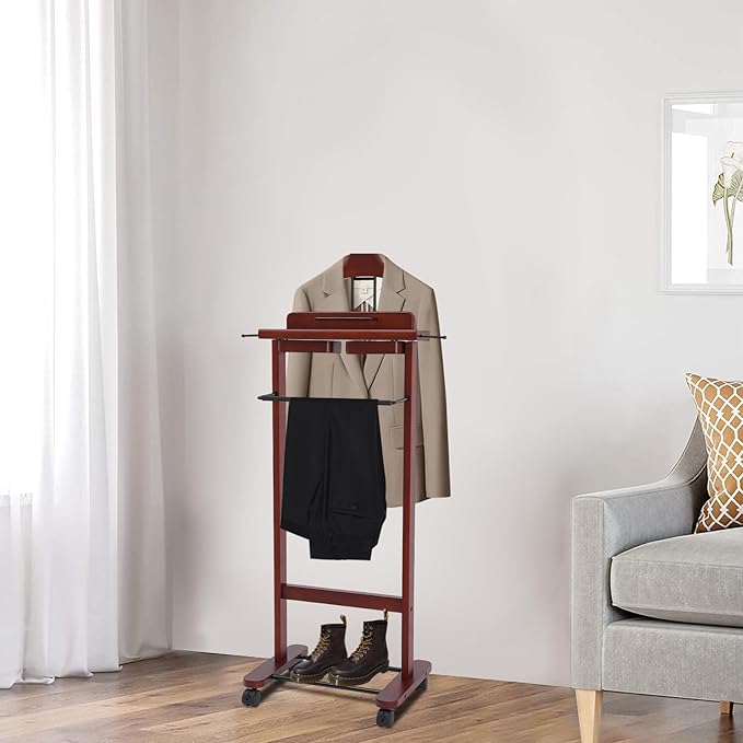 Wooden Freestanding Clothes Stand with Sturdy Base, Multi-functional Suit Valet Stand, Coat Rack with Top Drawer, Tie Hangers, Storage Compartments for Office, Bedroom, Living Room (Reddish Orange)