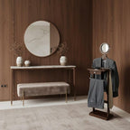 Solid Wood Clothes Valet Stand in Dark Espresso with Round Mirror, Drawer, Tray, Pants and Tie Hangers, and Shoe Base, Elegant Clothing Valet for Bedroom