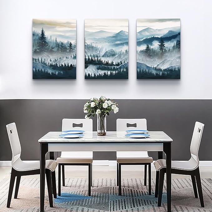 MHARTK66 Wall Art for Living Room,Mountain Landscape Wall Decor,Large Foggy Forest Artwork for Walls, 3 Piece Nature Paintings Prints for Bedroom Hallway Office Kitchen Home Decorations, 20x28 Inch