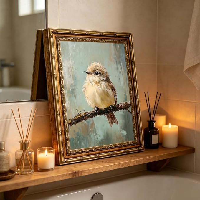 Gold Framed Bird Canvas Wall Art Vintage Bird Beige Sparrow painting Decor Pictures Sparrow on Branch Bedroom Living Posters Prints for Corridor Classroom Bedroom Kitchen Room Decoration