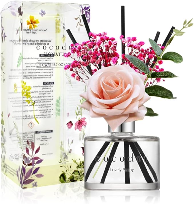 COCODOR Rose Flower Reed Diffuser/Lovely Peony/6.7oz(200ml)/1 Pack/Reed Diffuser, Reed Diffuser Set, Oil Diffuser & Reed Diffuser Sticks, Home Decor & Office Decor, Fragrance and Gifts