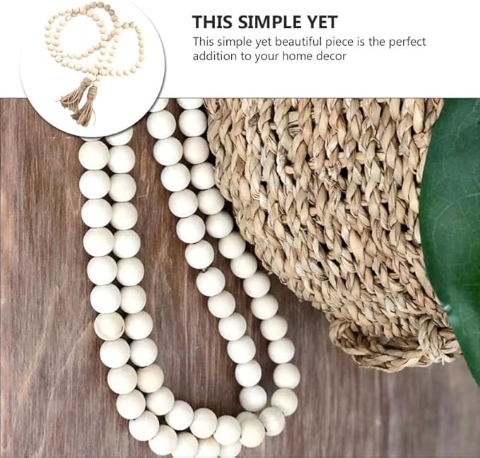 IMIKEYA Wooden Bead Tassel Decoration 57 Inch Natural Wood Beads Garland for Farmhouse Boho and French Country Home Decor Perfect for Tiered Trays and Centerpieces