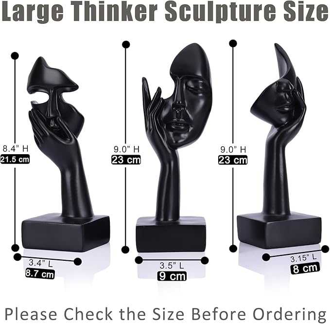 3 Pcs Thinker Large Statue Set - Black Art Abstract Home Accent Figurines for Living Room, Bedroom, Shelves, Office Desktop, Coffee Table Decor, Gift for Women (3 Pcs Black, 9")