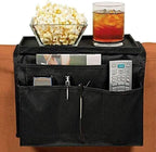 Sofa Armrest Organizer, Couch TV Remote Storage Organizer with Pockets for Recliner Armchair Snacks Glasses Smartphone Magazines Pouch (Black)