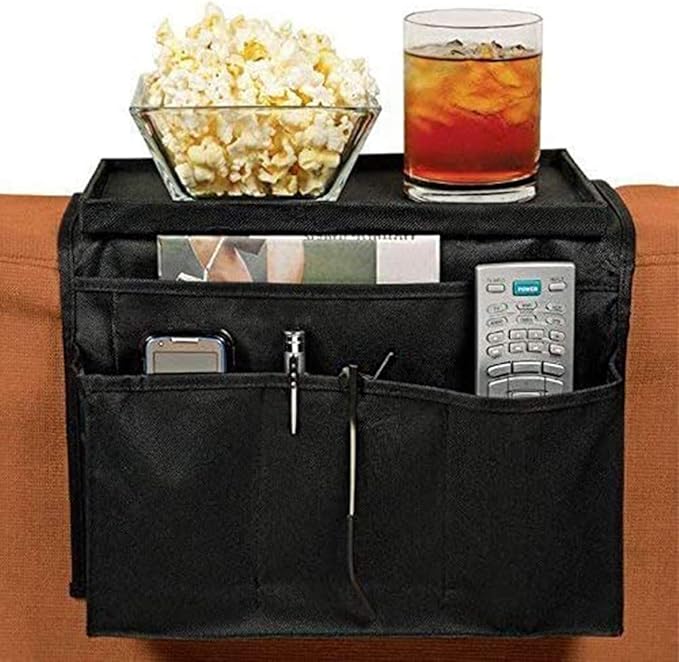 Sofa Armrest Organizer, Couch TV Remote Storage Organizer with Pockets for Recliner Armchair Snacks Glasses Smartphone Magazines Pouch (Brown)
