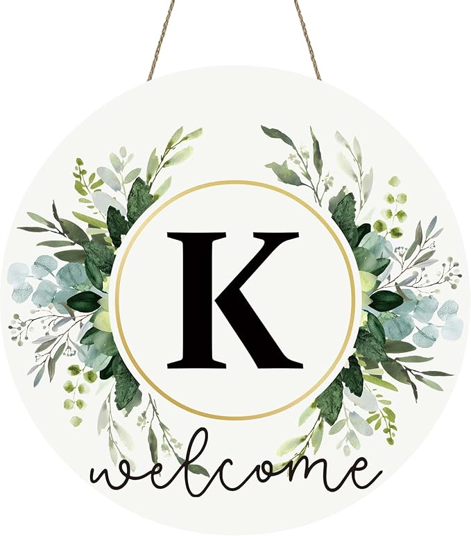 Monogram Letter K Wreaths for Front Door Wreath Wooden Welcome Sign for Front Door Decor Floral Family Last Name Initial House Warming Spring Summer Porch Rustic Wall Home Kitchen Boho Decorations