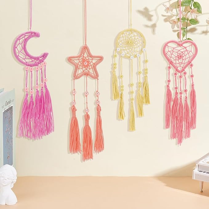 INFUNLY 24 Set DIY Small Dream Catcher Kit Candy Colors Mini Dream Catcher Kit Star/Moon/Heart/Round Handmade Dreamcatcher Kit with Instructions Hanging Ornament for Bedroom Car Mirror Keychain Bag