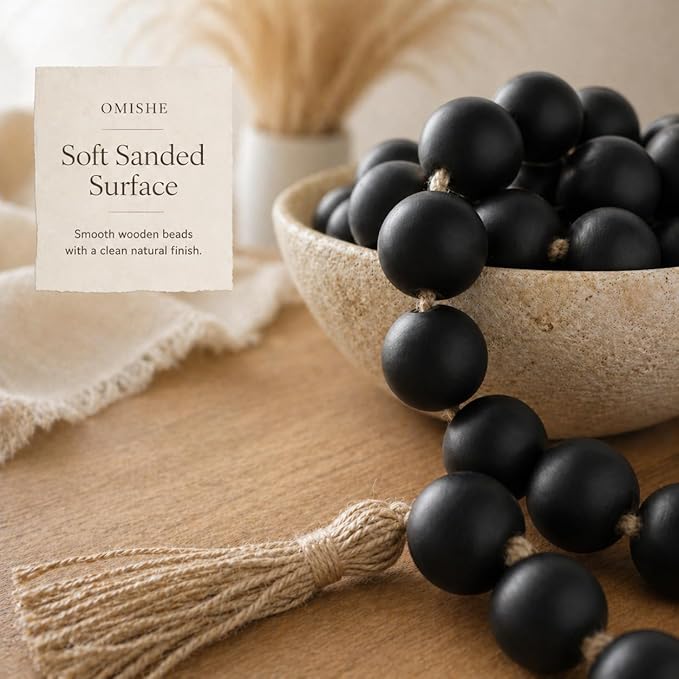 OMISHE 50" Long Extra Large Wood Bead Garland with 1.6" Diameter Wooden Beads and Tassels, Rustic Farmhouse Country Decorative Beads for Home Tiered Tray Decor, Black
