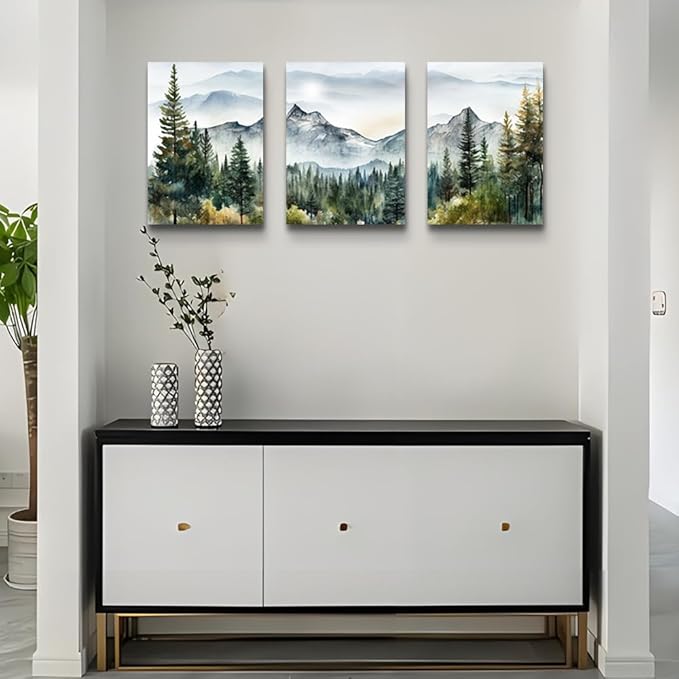 MHARTK66 Wall Art for Living Room Modern Wall Decor for Bedroom Office Decor Abstract Mountain Forest Landscapes Ink Painting 3 Piece Framed Canvas Art Prints Ready to Hang Wall Pictures Home Decor