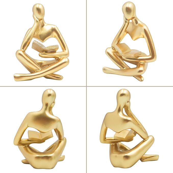 Jinkoozz Gold Reading Women Statue, Thinker Sculptures, Abstract Art Ornament, Modern Aesthetic Figurine Decoration, Suitable for Home Living Room Bedroom Office Shelf Table Desk Bookshelf Decor