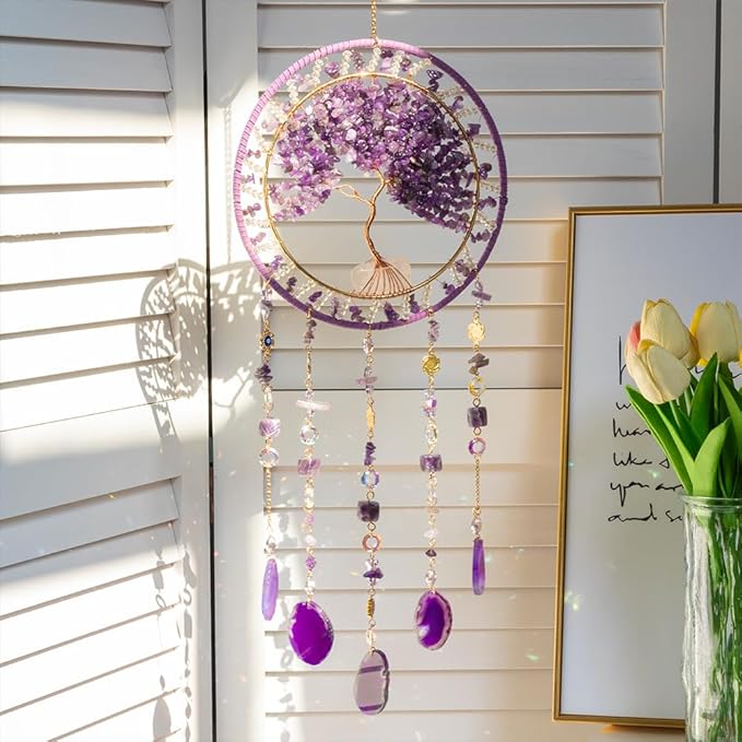 Tree Life Dream Catcher and Sun Catcher, Handmade Healing Crystal Boho Window Hanging for Home Decor, Rainbow Maker Wall Decor, for Women, Housewarming (Purple)