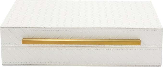 Kingflux White Wooden Keepsake Box With Faux Leather and Brushed Gold Handle, Gift and Storage Box for Vanity, Coffee Table, Shelf, Cosmetic, Jewelry Organizer