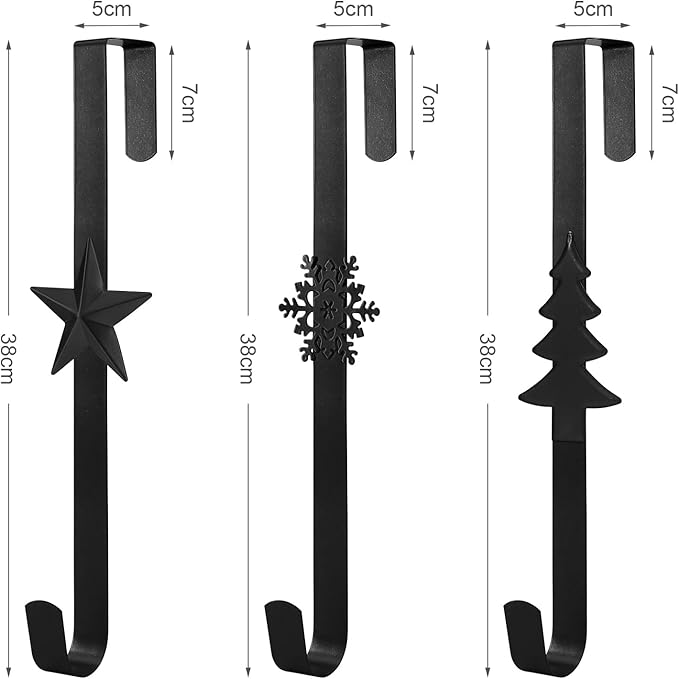 Wreath Hangers for Front Door,15" Sturdy Metal Wreath Doors Hangers,Over The Door Hooks for Front Porch Decor,Garland Hooks Holders for Halloween Christmas Decorations (Black Snowflakes, 4 Pack)