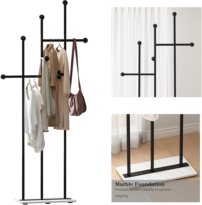 Modern Coat Racks with Marble Base Heavy Duty Clothes Rack Metal Coat Tree for Clothes Hats Scarfs Totes-19.7''L, BLACK