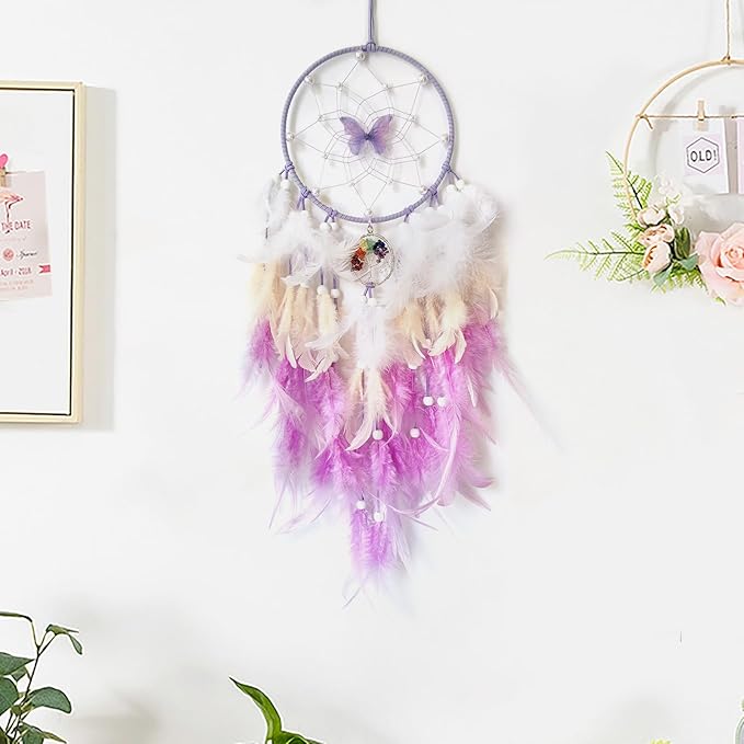 Purple Dream Catcher Wall Decor Feather Dream Catchers with Crystal Tree of Life Pendant Handmade Dreamcatcher Wall Hanging Ornament for Bedroom Living Room Home Decor