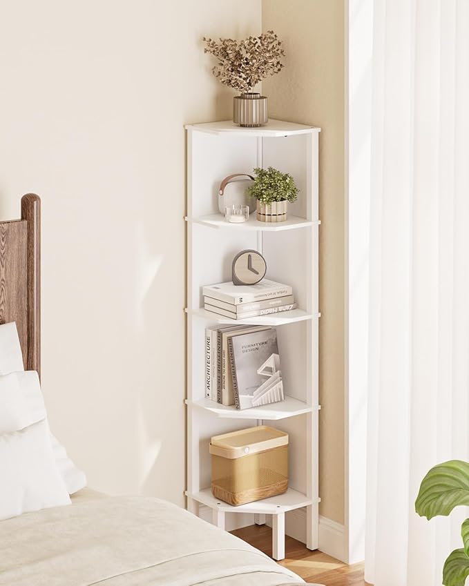 Corner Shelf, 5 Tier Corner Bookshelf, Display Corner Shelf Stand with Storage Rack, Wall Corner Bookshelf for Living Room, Bedroom, Office, White