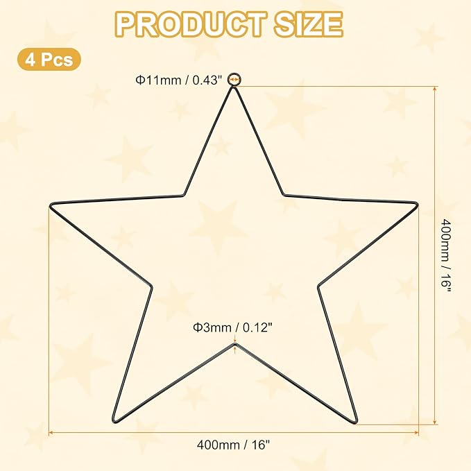 MECCANIXITY 4 Pcs Star Dream Catcher Rings, 16" Dream Catcher Metal Hoops Macrame Wreath Rings Pentagram Floral Hoops for DIY Craft Making Home Wedding Wall Hanging Decoration, Black