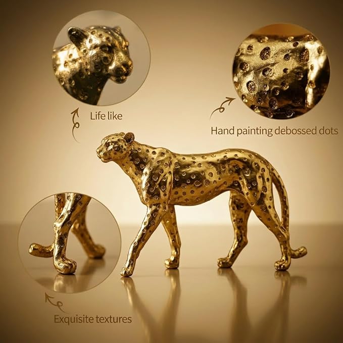 Gold Cheetah Statue Home Decor Modern Resin Leopard Sculpture Geometric Animal Figurine for Living Room Office Tabletop Centerpiece, Large 12.4"