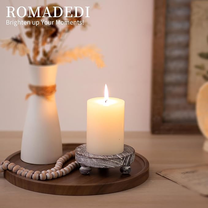 Romadedi Farmhouse Wood Riser for Display- 4 pcs Rustic Decor Mini Wooden Pedestal Stand Decorative Round Tray for Home Table Bathroom Counter Shelf Kitchen, Whitewash