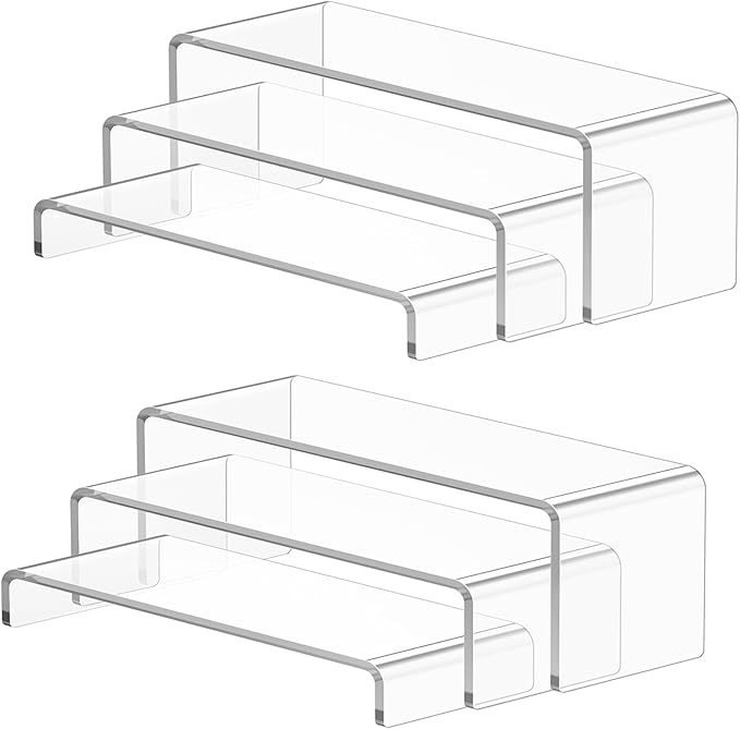 6 Pcs Large Acrylic Display Risers (7" L~8" L), Sturdy Rectangular Dessert Stands, Perfume Shelf Organizer, Clear Riser Stands, Display Shelves for Cupcake, Perfume, Figure, Collection, Decoration.
