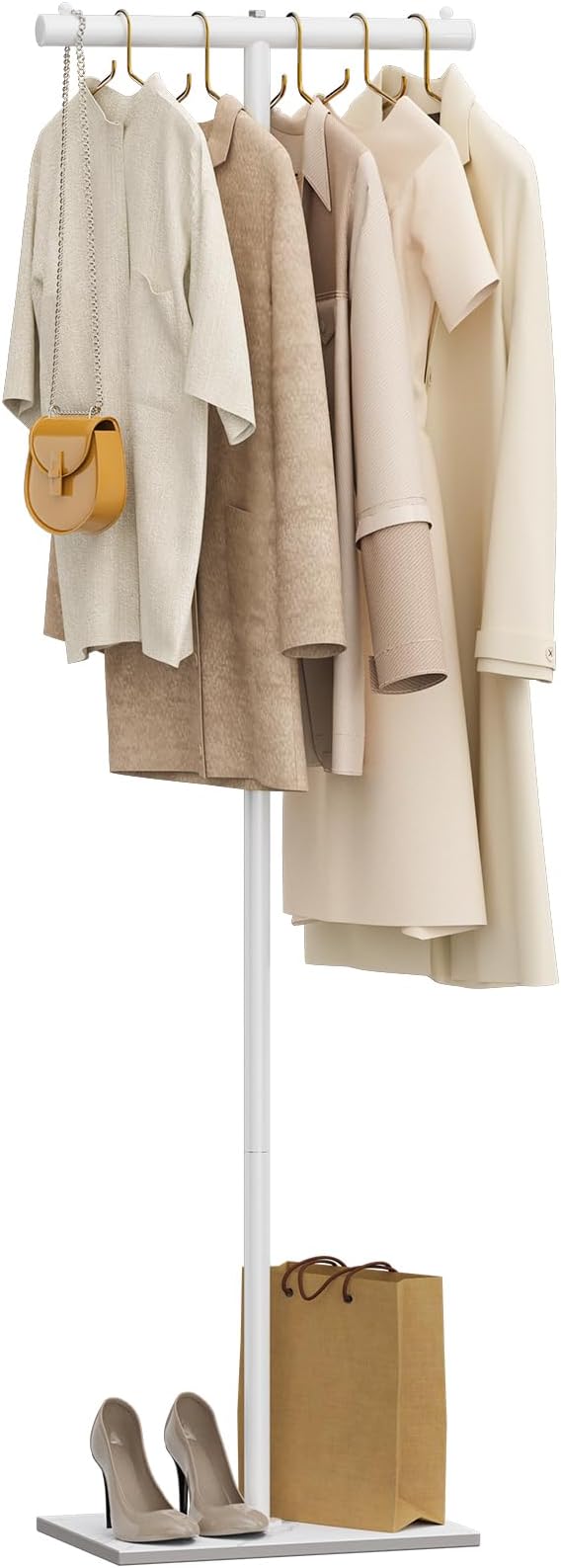 OUTBROS Metal Coat Rack, Coat Tree with Rock Base, T Shaped Freestanding Clothe Rack, Coat Hanger Stand Suitable for Bedroom, Hallway, Entrance, 68.9 Inches High, White