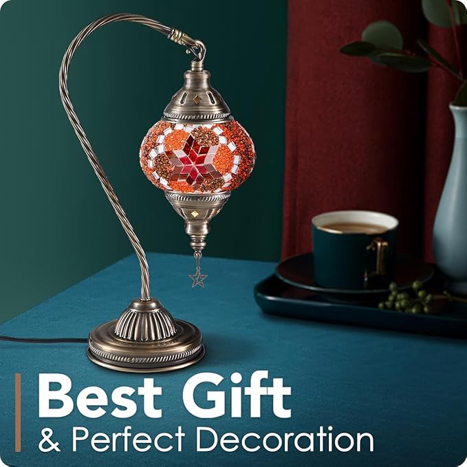 Yarra-Decor Turkish Moroccan Lamp with Bronze Base 3-Way Color Changing Handmade Swan Neck Tiffany Mosaic Glass Bedside Lamps for Bedroom (LED Bulb Included) (Red2)