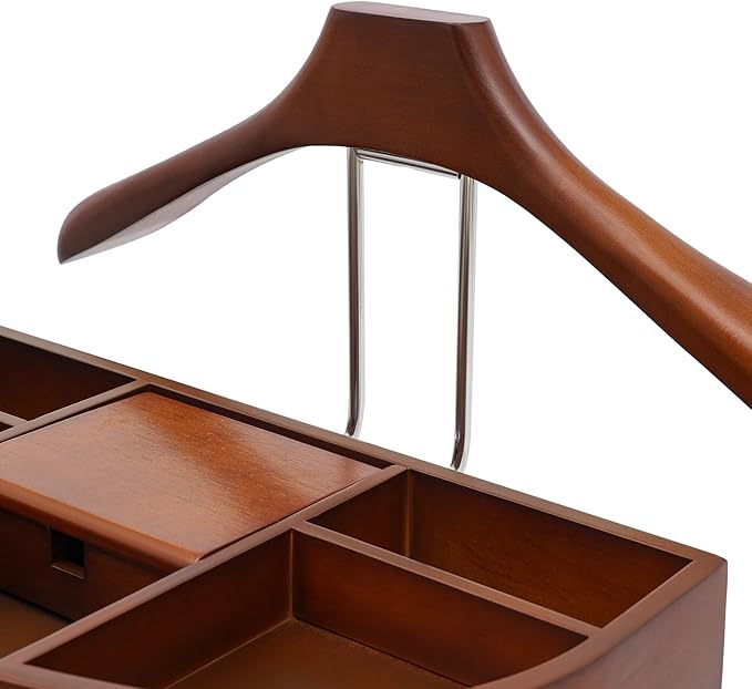 Wooden Valet Stand for Men, Suit Stand and Clothes Valet with Accessory Tray, Trouser Bar, and Shoe Base, Mens Valet Stand for Bedroom and Closet Organization, Brown