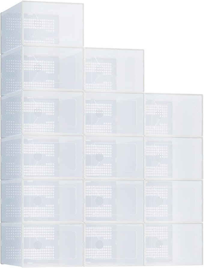 NEWBULIG 15 Pack Clear Shoe Storage Boxes, Shoe Organizer for Closet with Lid, Plastic Stackable Breathable Shoe Cabinet with Lid for Sneakers, Heels & Boots, White