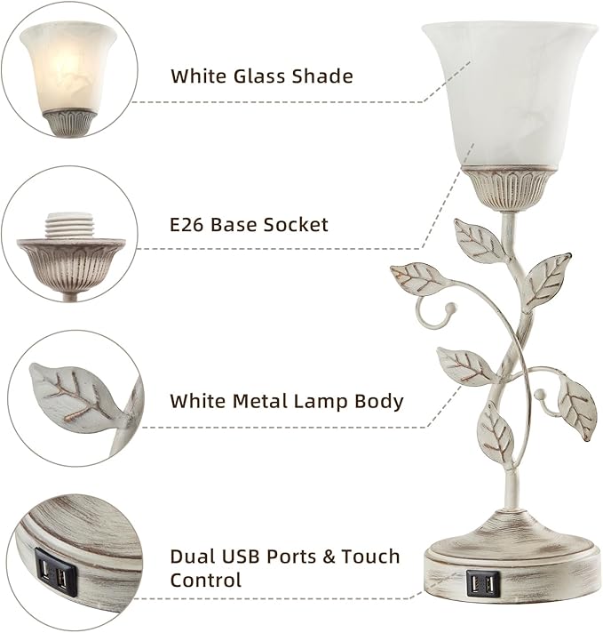 Rustic Touch Table Lamp for Bedroom, 3-Way Dimmable Nightstand Lamp with 2 USB Ports, Retro Vintage White Glass Shade Leaf Desk Lamp for Living Room Entryway, LED Bulb Included