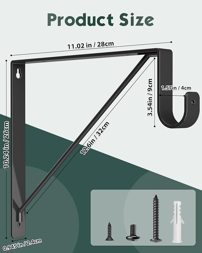 6 Pack Closet Rod Bracket, Heavy Duty Closet Rod Support with Rod Holder, Wall Mounted Closet Shelf Brackets with Triangle Stabilizing Design for Closet, Bathroom and Kitchen, Black