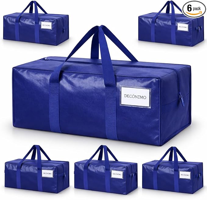 6 Pack Extra Heavy Duty Large Moving Bags with Strong Zipper & Comfortable Handles - Sturdy & Durable Clothes Storage Bags Totes Bins - Large Storage Totes for Dorm, Space Saving - (Dark Blue)