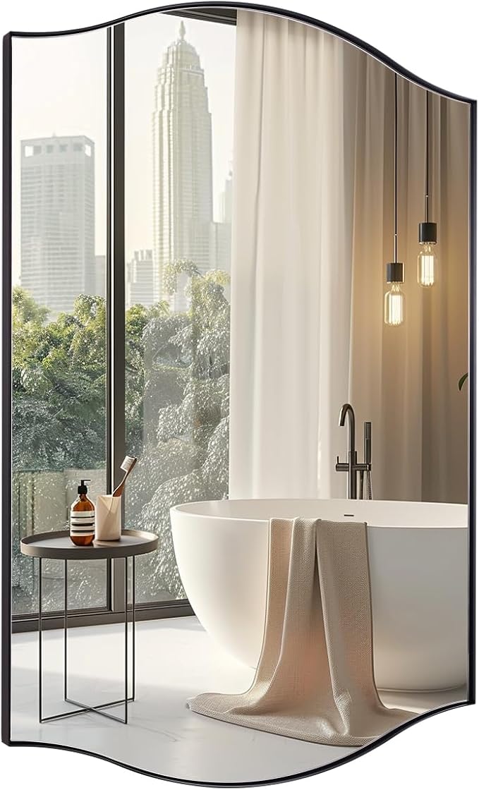 ANDY STAR Black Bathroom Mirror, 22"x30" Scalloped Wall Mirror in Stainless Steel Metal Frame, Unique Vanity Mirror with Modern Curved Edge Design, Ideal for Bathroom, Bedroom, Entryway