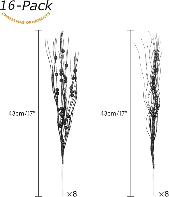 SLK 16-Pack Artificial Glitter Berry Stem Ornaments, Christmas and Halloween Decorative Glittery Twigs, Picks, Branches for Tree, Wreath, Small Vase, Halloween Party (Black)