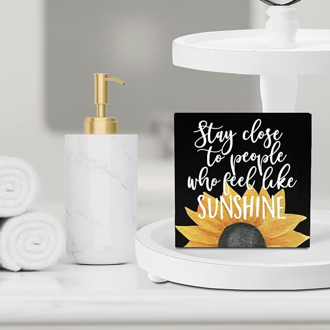 Black Room Decor Sunflower Gifts for Women Rustic Country Wooden Square Sign Decor Sunflower Summer Decorations for Home House Outdoor Shelf Wall Farmhouse Table Shelf