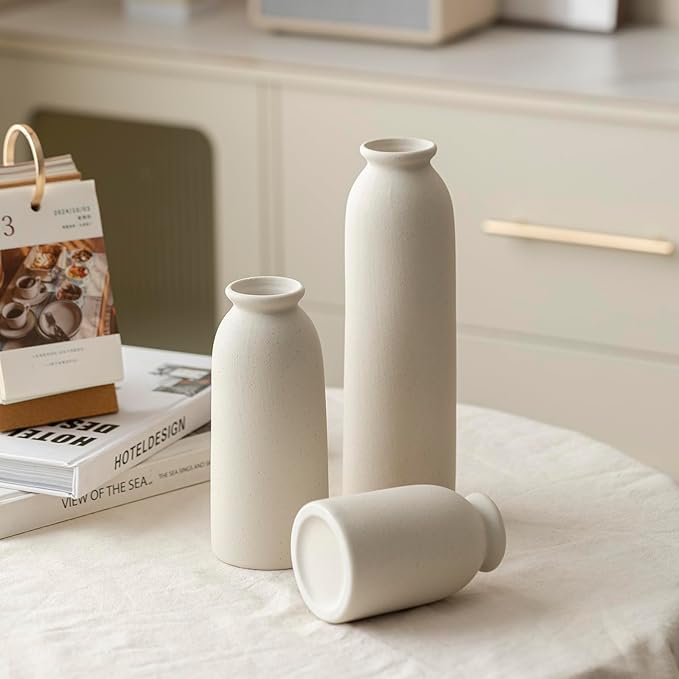 Ceramic Vase Set-3, 10.3 Inch Tall Flower Vases for Decor, Modern Boho Farmhouse Style, Decorative Vases for Pampas Grass & Dried Flowers, Distressed Finish (L Beige)