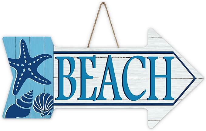 Coastal Beach Arrow Front Door Sign, Summer Nautical Sea Starfish Conch Shell Wood Plaque Hanger Outdoor Outside Porch Home Decor, Ocean Farmhouse Wooden Wreath Indoor Wall Hanging Decoration