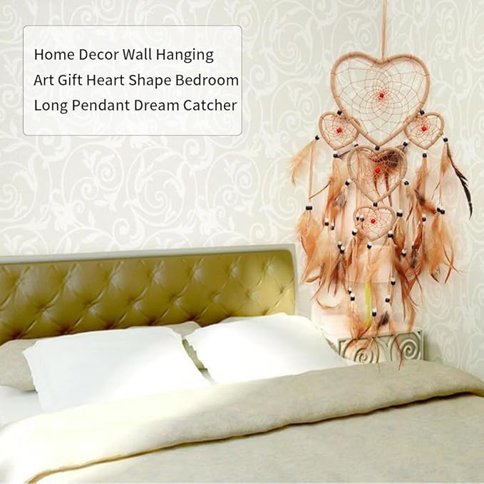 Dream Catcher with Feathers, Heart Shaped Dream Catcher Indians Traditional Love Net Wall Hanging Bedroom Home Car Decor (Beige)