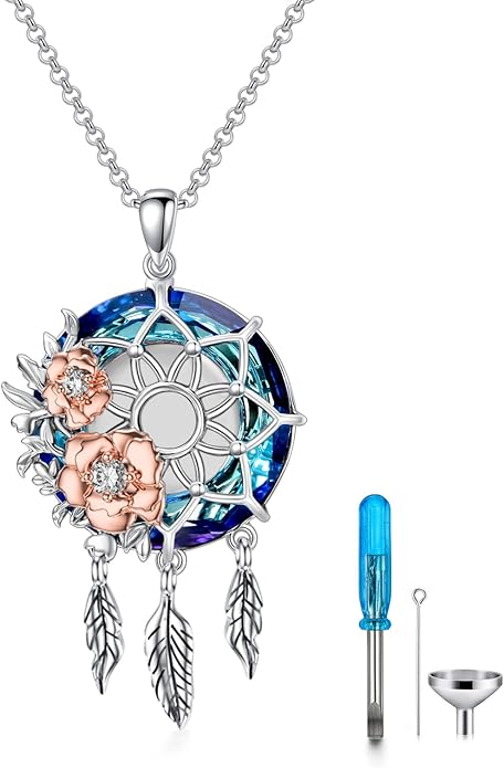 Dream Catcher Crystal Pendant Flower Urn Necklace Jewelry 925 Sterling Silver Keepsake Cremation Necklaces for Human Pet Ashes for Women