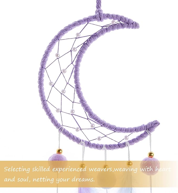 Pretty Jolly Purple Moon Kids Dream Catcher Wall Decor Pompom Feather Baby Dreamcatcher Handmade Children Dream Catcher Home Décor Wall Hanging for Nursery Bedroom Boys Girls Birthday Gift-25.6in