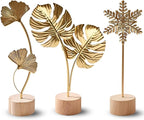 Gold Leaf Home Decor Set - Metal Leaves Statues, Modern Artistic Sculptures for Living Room, Office, Shelf & Home Decorative, Handmade 3D Botanical Accents (Monstera, Ginkgo, Snowflake, 3PCS)
