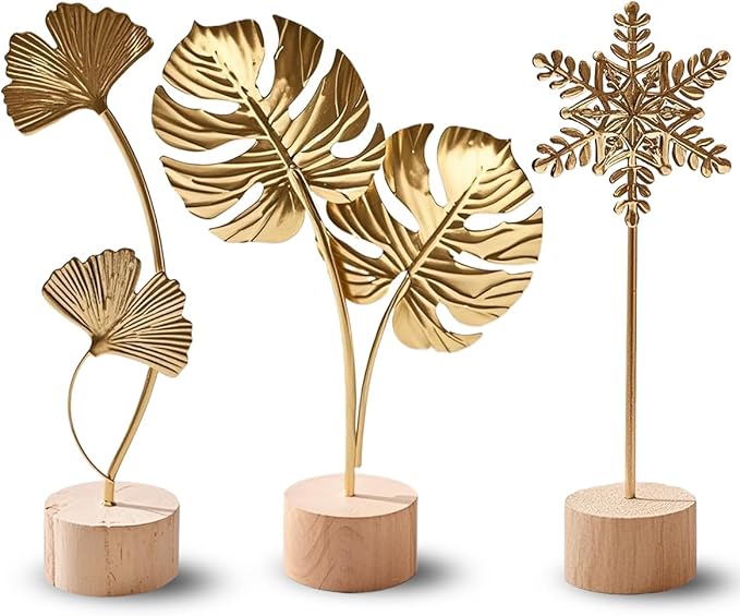 Gold Leaf Home Decor Set - Metal Leaves Statues, Modern Artistic Sculptures for Living Room, Office, Shelf & Home Decorative, Handmade 3D Botanical Accents (Monstera, Ginkgo, Snowflake, 3PCS)