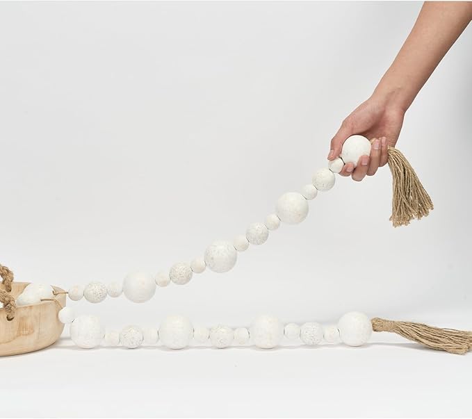 2" Extra Large Wood Bead Garland with Tassels, 75" Long Rustic Farmhouse Wooden Beads Garland, Decorative Beads Boho Decorations for Home Table Mantle White