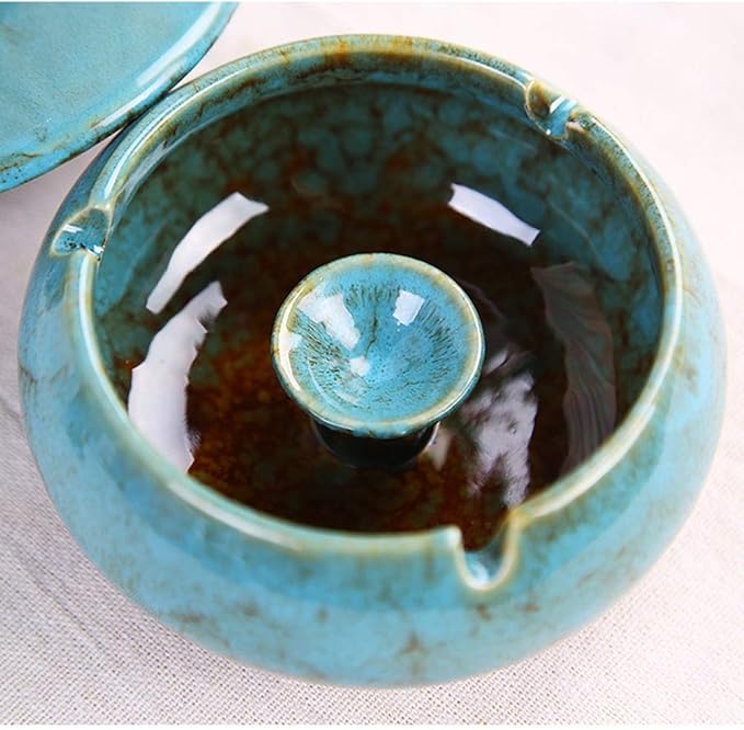 Lependor Ceramic Ashtray with Lids, Windproof, Cigarette Ashtray for Indoor or Outdoor Use，Ash Holder for Smokers,Desktop Smoking Ash Tray for Home Office Decoration - Blue