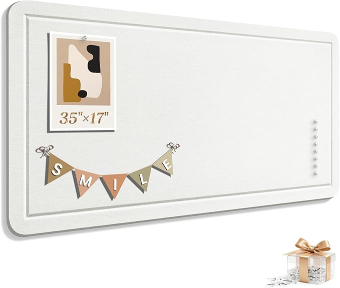 Large Bulletin Board, 35 X 17 Inches Felt Cork Board with 40 Pushpins, Foldable Felt Notice Pin Board Photo Display Board with Self-Adhesive Tape for Office Home School (White, 35x17 inch)
