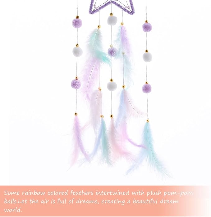 Pretty Jolly Purple Star Kids Dream Catcher Wall Decor Pompom Feather Baby Dreamcatcher Handmade Children Dream Catcher Home Décor Wall Hanging for Nursery Bedroom Boys Girls Birthday Gift-25.6in