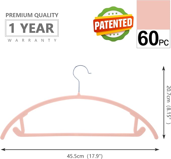 MIZGI Premium Velvet Hangers 60 Pack Heavyduty- Non Slip No Shoulder Bump Suit Hanger - Chrome Hooks,Space Saving Clothes Rounded Shape for Coat,Sweater,Jackets,Pants